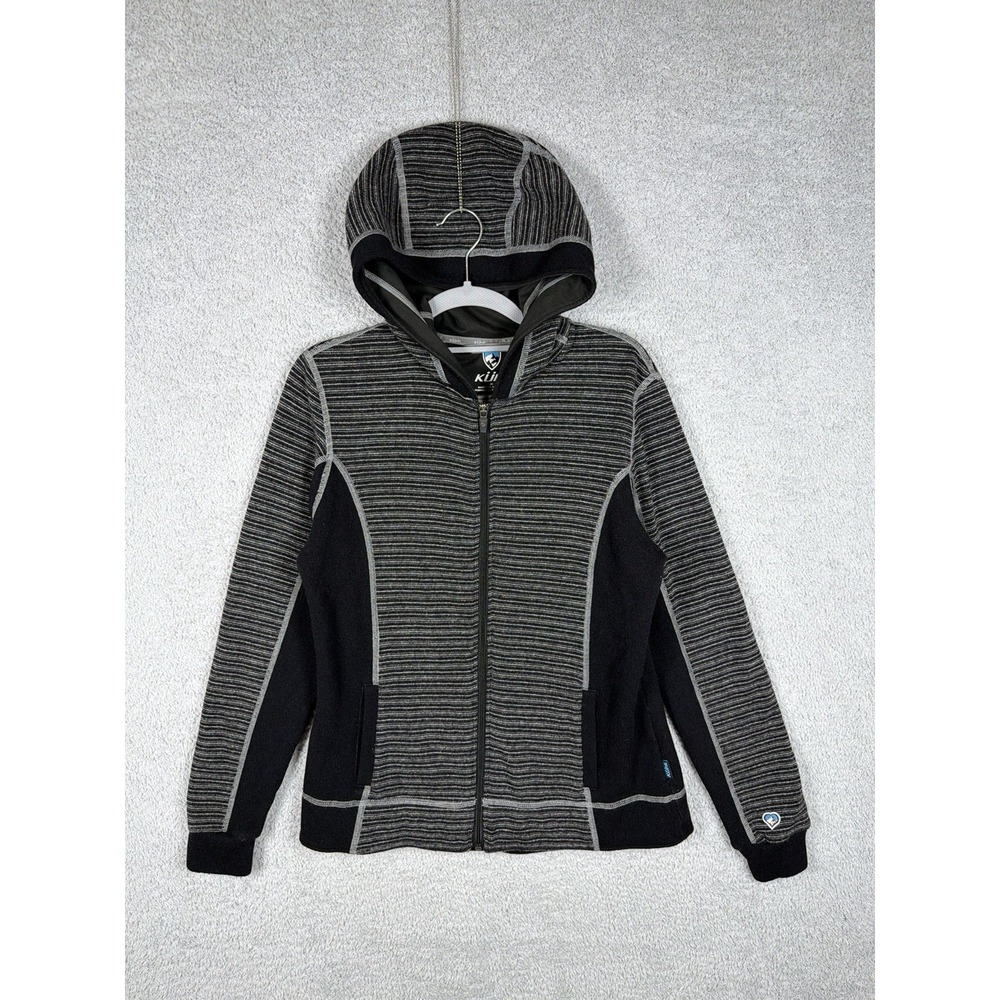 Kuhl Women's Chianti Fleece Sweater Size S GRAY BLACK Full Zip Hooded Wool Blend